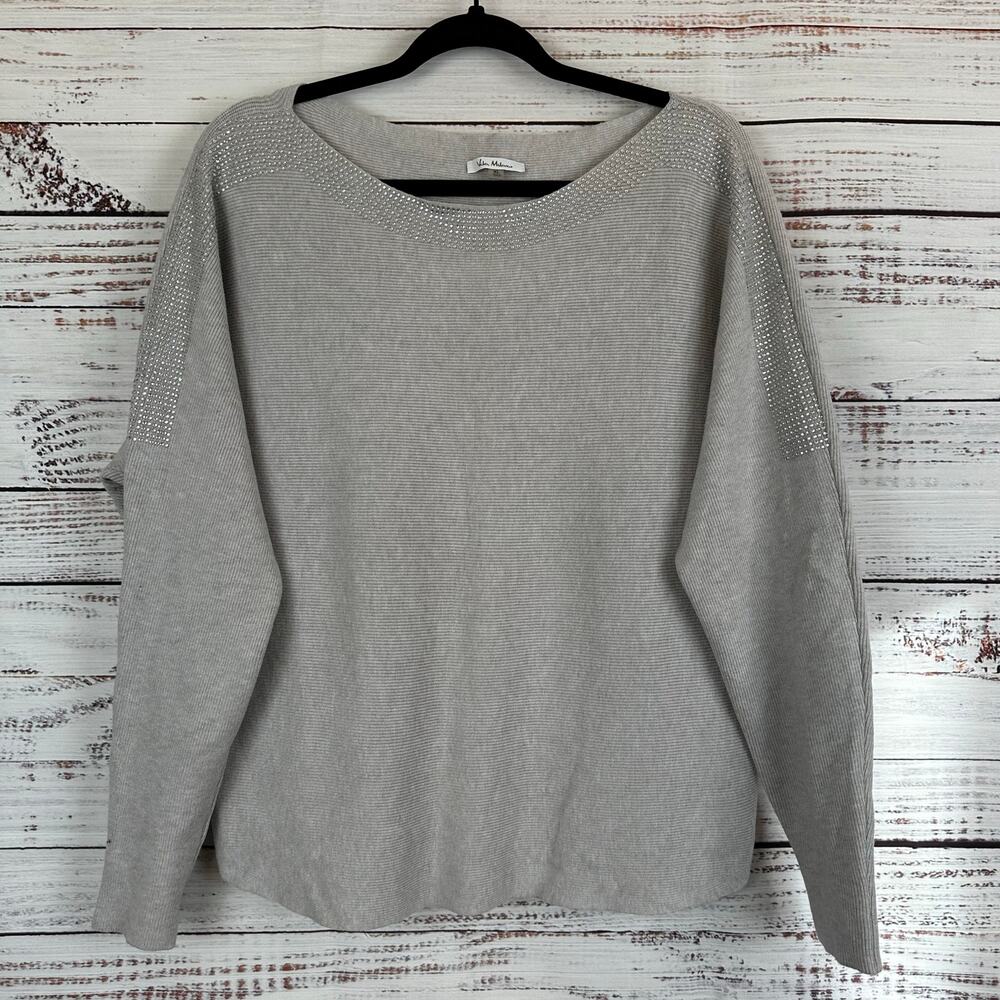Vila Milano Gray Silver Embellished Bling Studs Boatneck Knit Sweater Womens XL